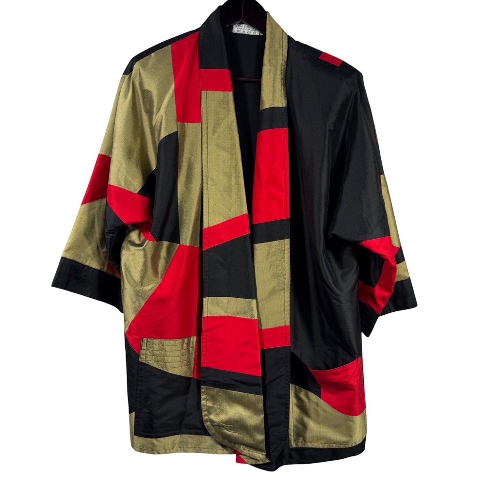 Vtg‎ Thai Silk Geometric Kimono Jacket Black Red Gold Open Front Duster OS Plus